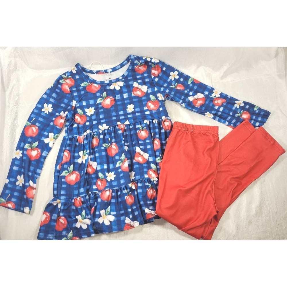 Pete + Lucy Toddler Blue Swing Dress w/ Apples & Red Leggings - Size 5